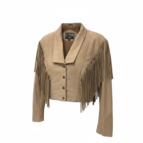 Vintage Women's Outerbound by HMS Cropped Tan Leather Fringe Jacket Size M - Picture 1 of 8